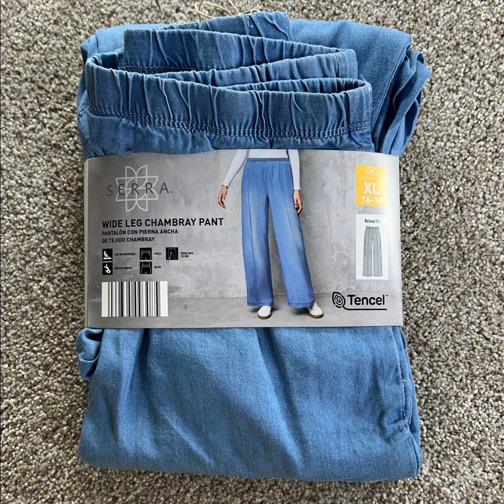 Serra Tencel Chambray Wide Leg Pants Light Blue XL 16-18 Pull On w/ Pockets NEW